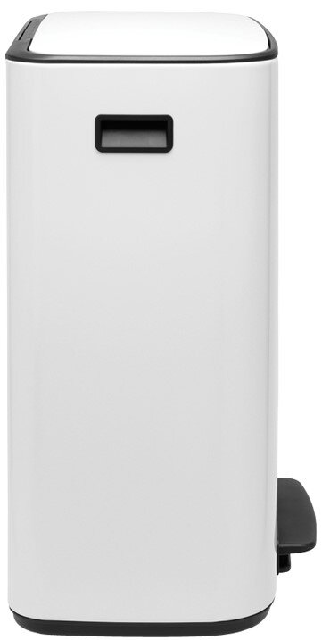 Weißer Brabantia Abfalleimer BO, seitliche Perspektive mit Pedal und Griff sichtbar.