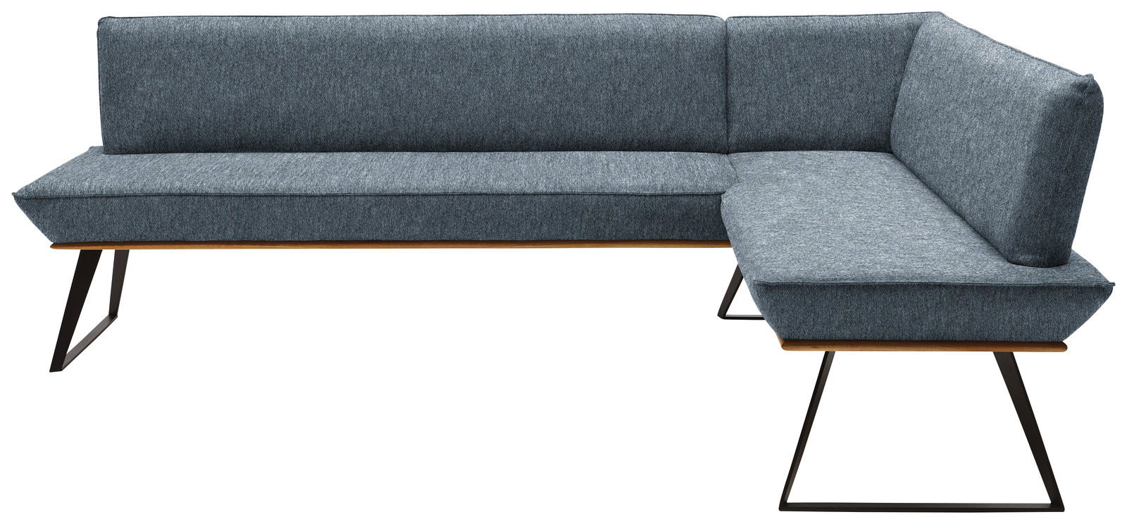 Graue Eckbank mit modernem Design, Metallbeinen und Polsterung, Ansicht von vorne.