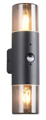 Moderne Wandleuchte HOOSIC mit zylindrischem Design, schwarzem Gehäuse und zwei sichtbaren Glühbirnen, frontal abgebildet.