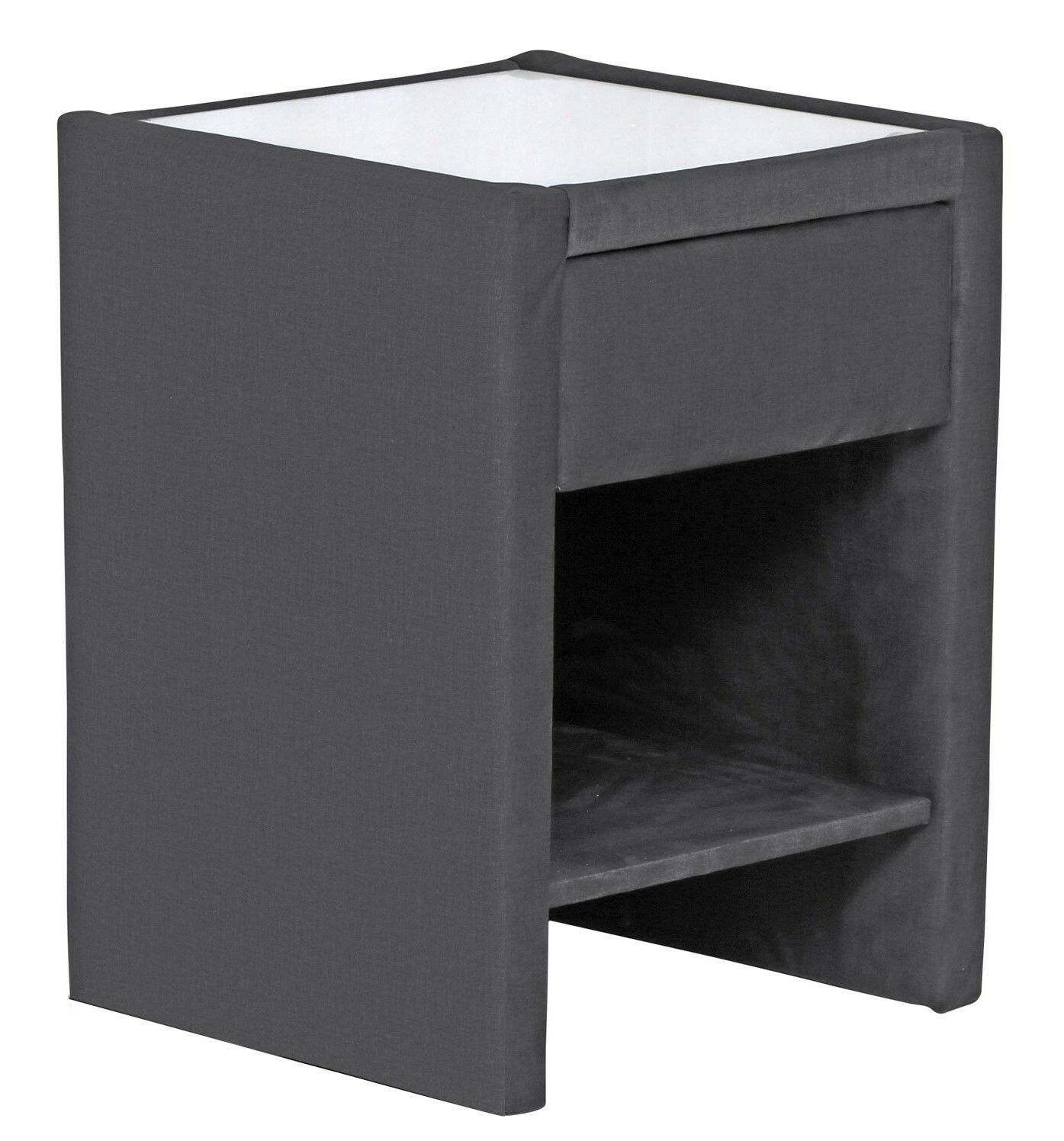 Graue Nachtkommode mit einer Schublade und einem offenen Fach, seitliche Perspektive