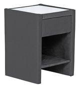 Graue Nachtkommode mit einer Schublade und einem offenen Fach, seitliche Perspektive