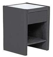 Graue Nachtkommode mit einer Schublade und einem offenen Fach, seitliche Perspektive