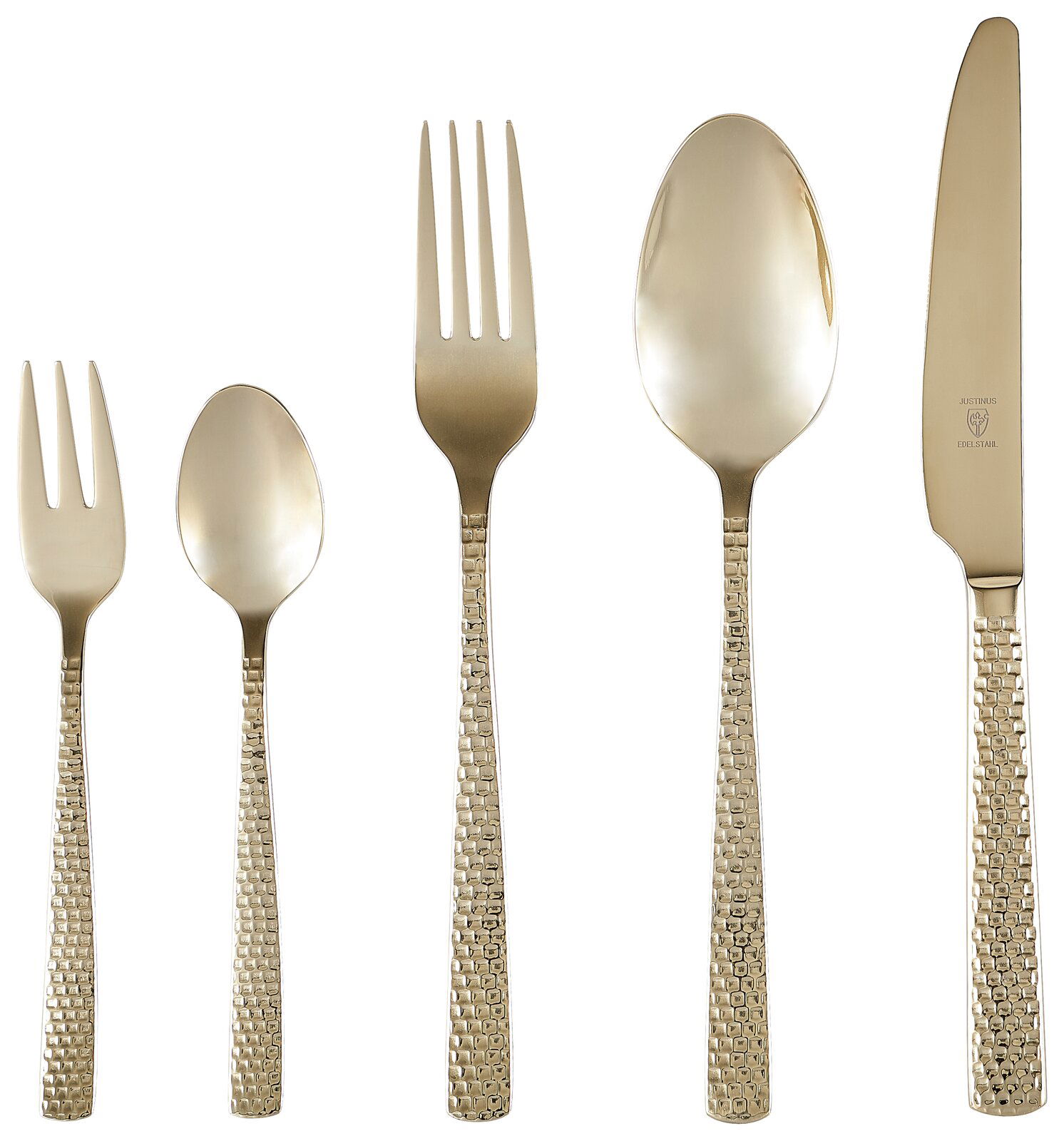 Justinus Besteck 30-tlg. SUNSET Goldfarbenes Besteckset Sunset, bestehend aus Gabel, Messer, Esslöffel, Teelöffel und Kuchengabel, mit gehämmerter Oberfläche, frontal abgebildet.