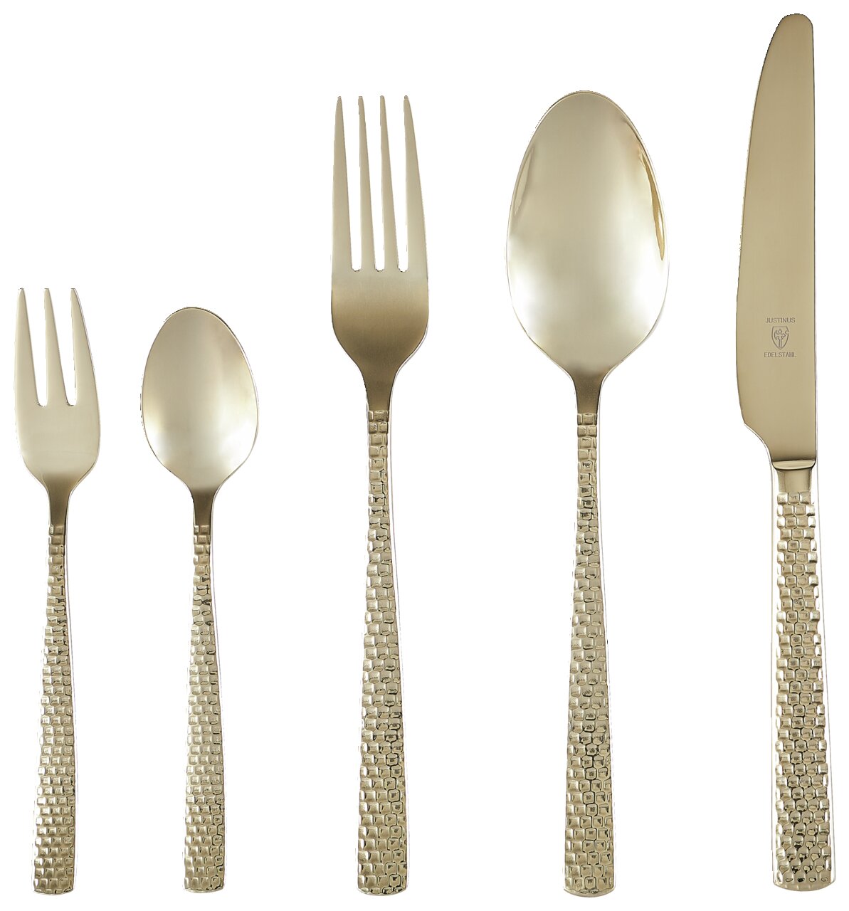 Goldfarbenes Besteckset Sunset, bestehend aus Gabel, Messer, Esslöffel, Teelöffel und Kuchengabel, mit gehämmerter Oberfläche, frontal abgebildet.