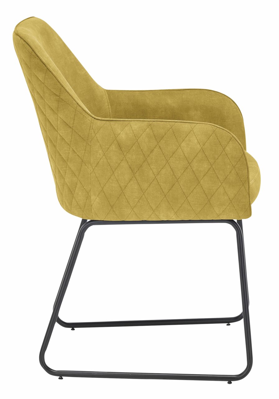 Seitenansicht eines gelben Kufenstuhls mit gestepptem Stoffbezug und schwarzem Metallgestell.