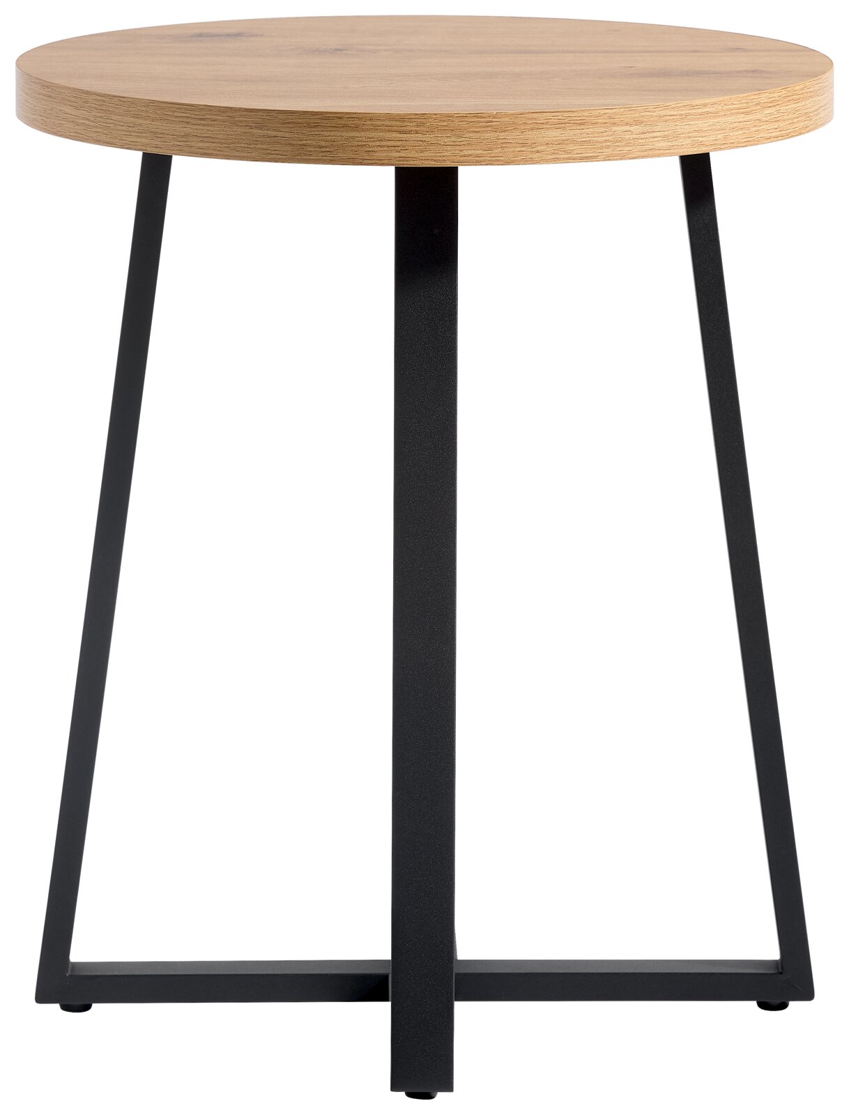 Runder Beistelltisch mit Holzplatte und schwarzem Metallgestell, Frontalansicht