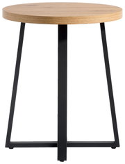 Runder Beistelltisch mit Holzplatte und schwarzem Metallgestell, Frontalansicht