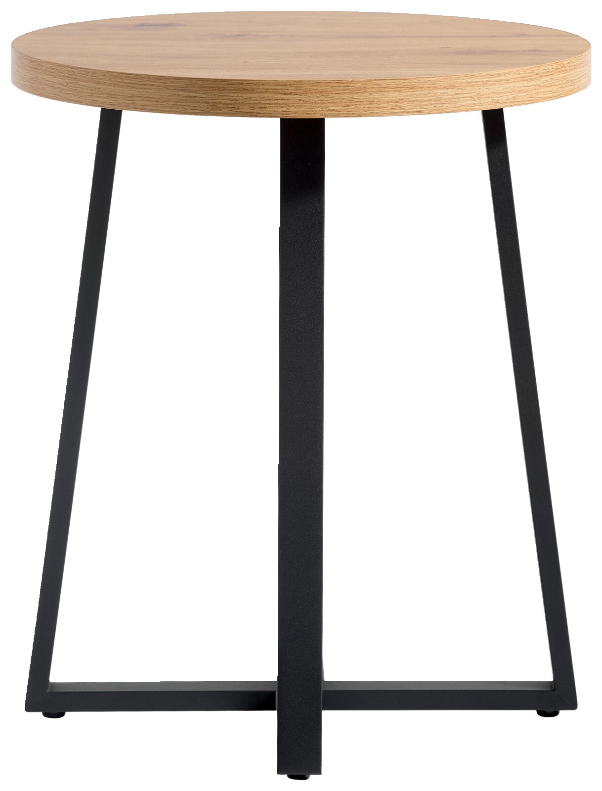Runder Beistelltisch mit Holzplatte und schwarzem Metallgestell, Frontalansicht