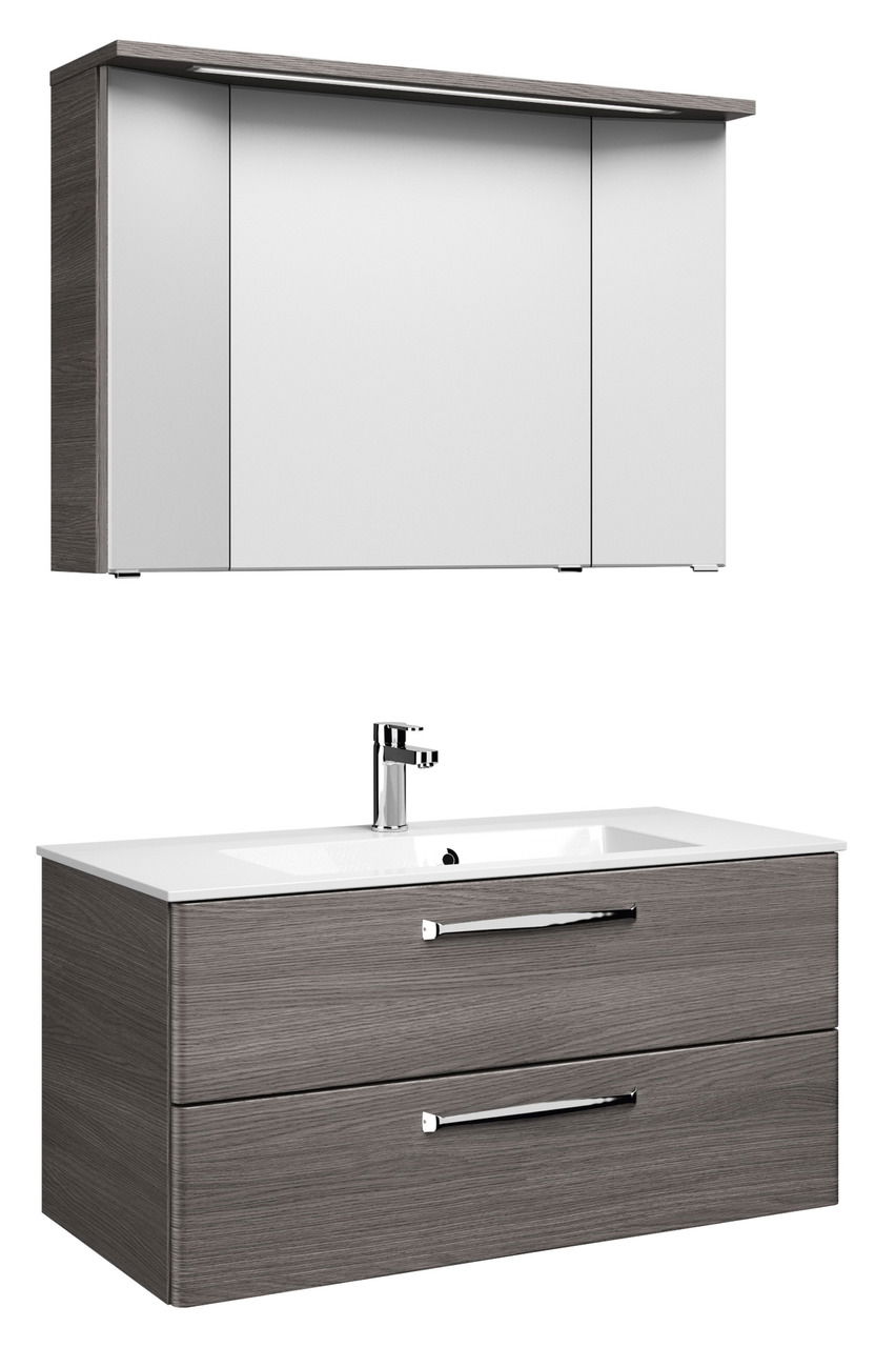 Pelipal Badblock 107cm TRENTINO Moderner Badblock mit Spiegelschrank und Waschbeckenunterschrank in Holzoptik, seitliche Perspektive