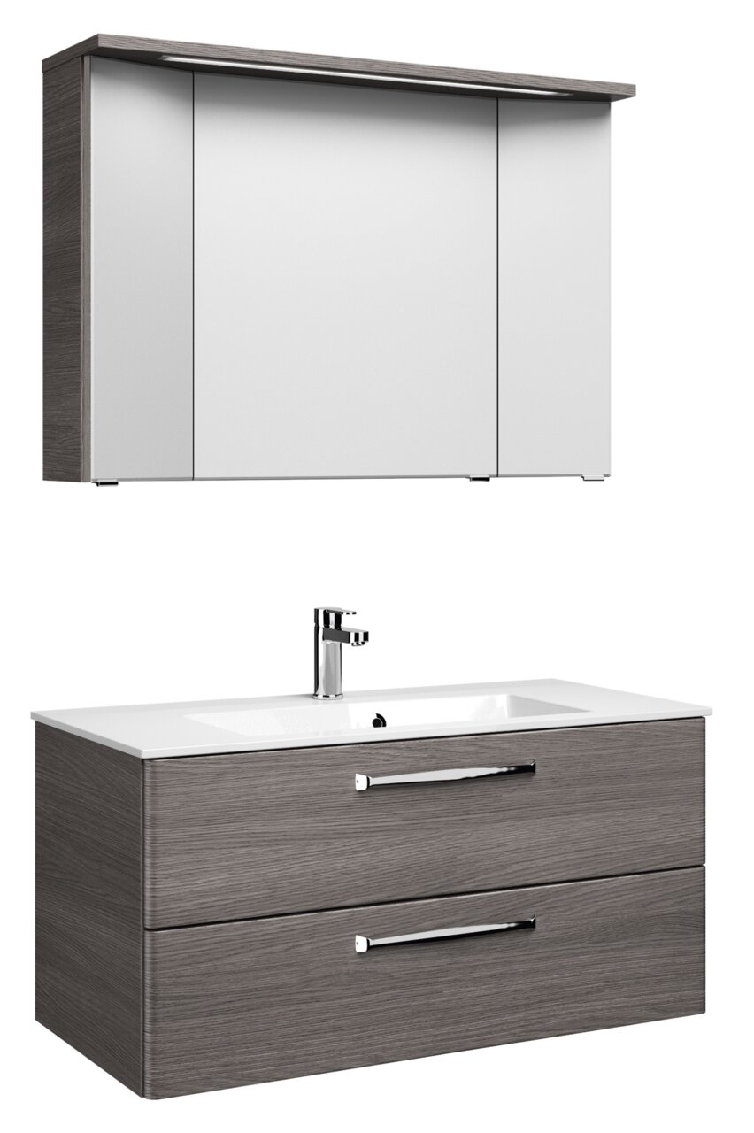 Pelipal Badblock 107cm TRENTINO Moderner Badblock mit Spiegelschrank und Waschbeckenunterschrank in Holzoptik, seitliche Perspektive