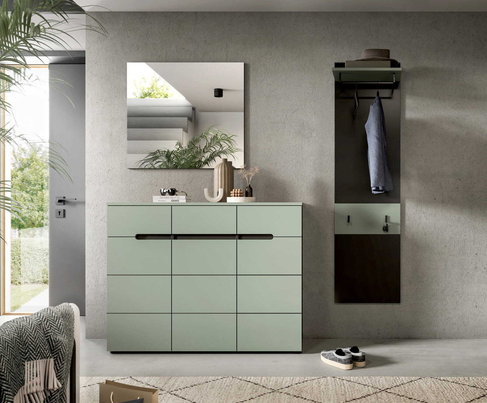 MID.YOU Garderobenkombination CANU Modernes Flur-Set in Salbeigrün mit Sideboard, Wandspiegel und Garderobenpaneel mit Haken und Ablage, frontal aus leicht erhöhter Perspektive fotografiert