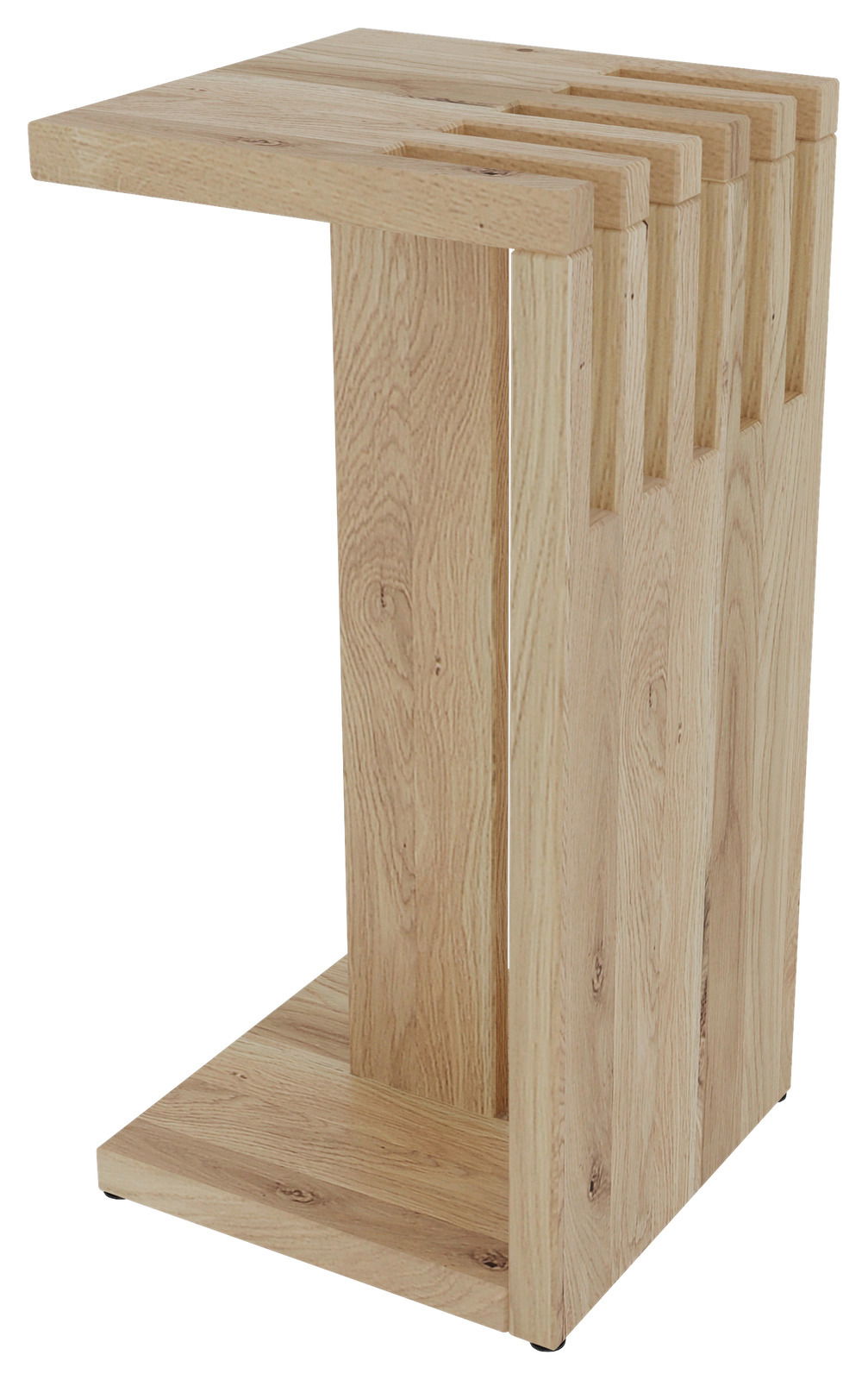 Moderner Beistelltisch aus hellem Holz in seitlicher Perspektive