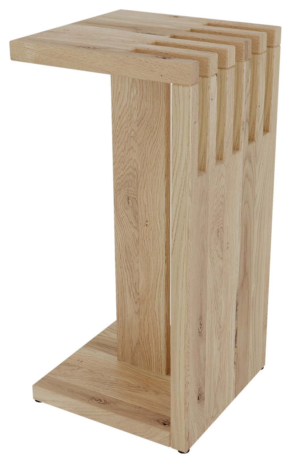 Moderner Beistelltisch aus hellem Holz in seitlicher Perspektive