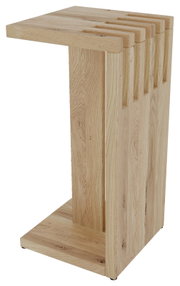 Moderne bijzettafel van licht hout, gezien vanaf de zijkant