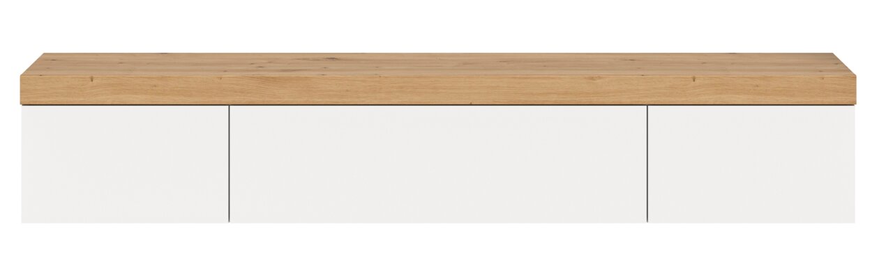 Frontansicht eines großen Lowboards mit weißem Korpus und einer Holzoberfläche.