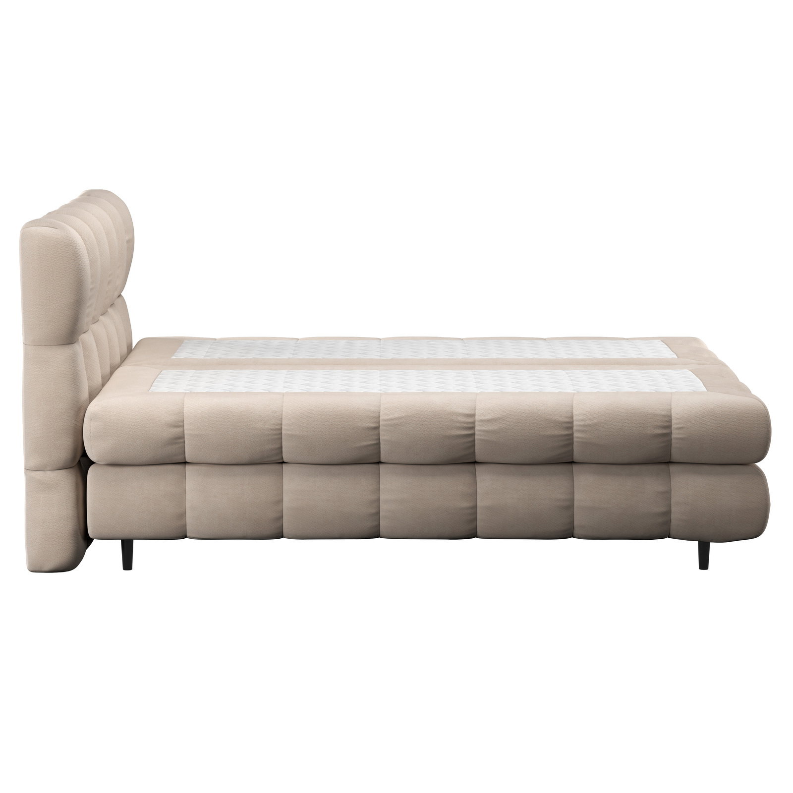 Seitliche Ansicht eines beige gepolsterten Boxbetts mit gestepptem Kopfteil und schlanken schwarzen Beinen.