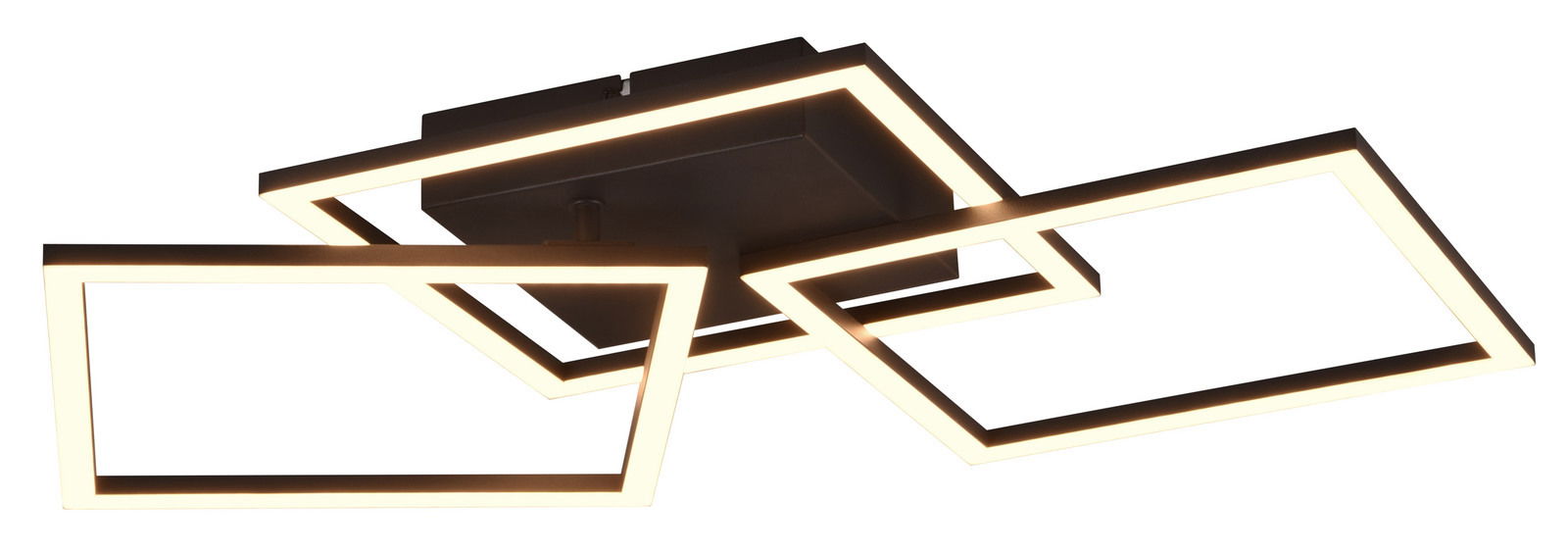 Moderne Deckenleuchte mit drei rechteckigen, leuchtenden Rahmen in einer schrägen Perspektive von unten betrachtet.