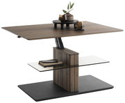 Moderner Couchtisch mit Holz- und Glaselementen, seitliche Perspektive