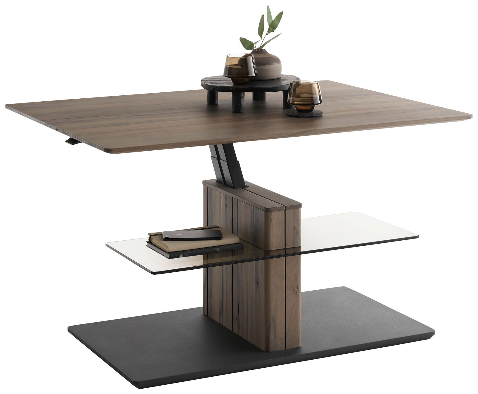 Moderner Couchtisch mit Holz- und Glaselementen, seitliche Perspektive