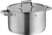 Edelstahlkochtopf mit Glasdeckel und seitlichen Griffen, seitliche Perspektive