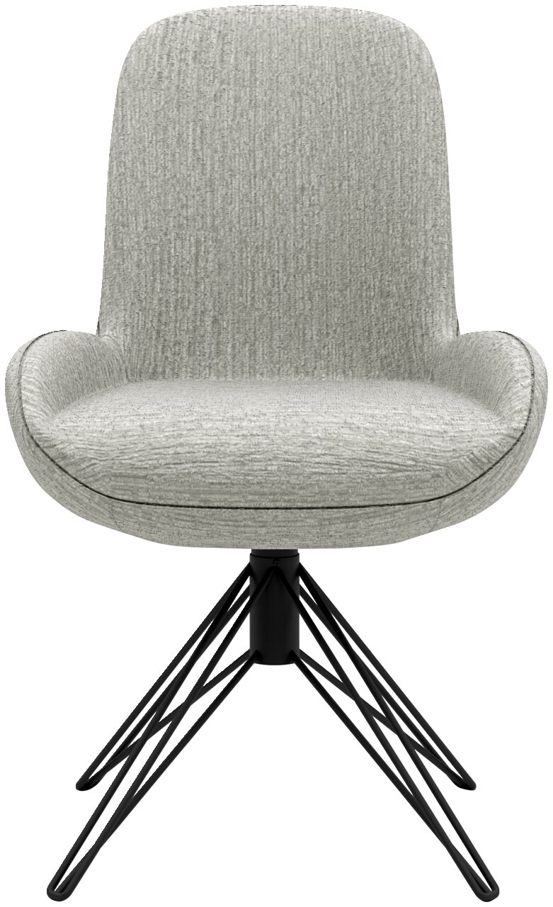 Moderner grauer Stuhl mit gepolsterter Sitzfläche und Rückenlehne, schwarzes Metallgestell, Frontalansicht.