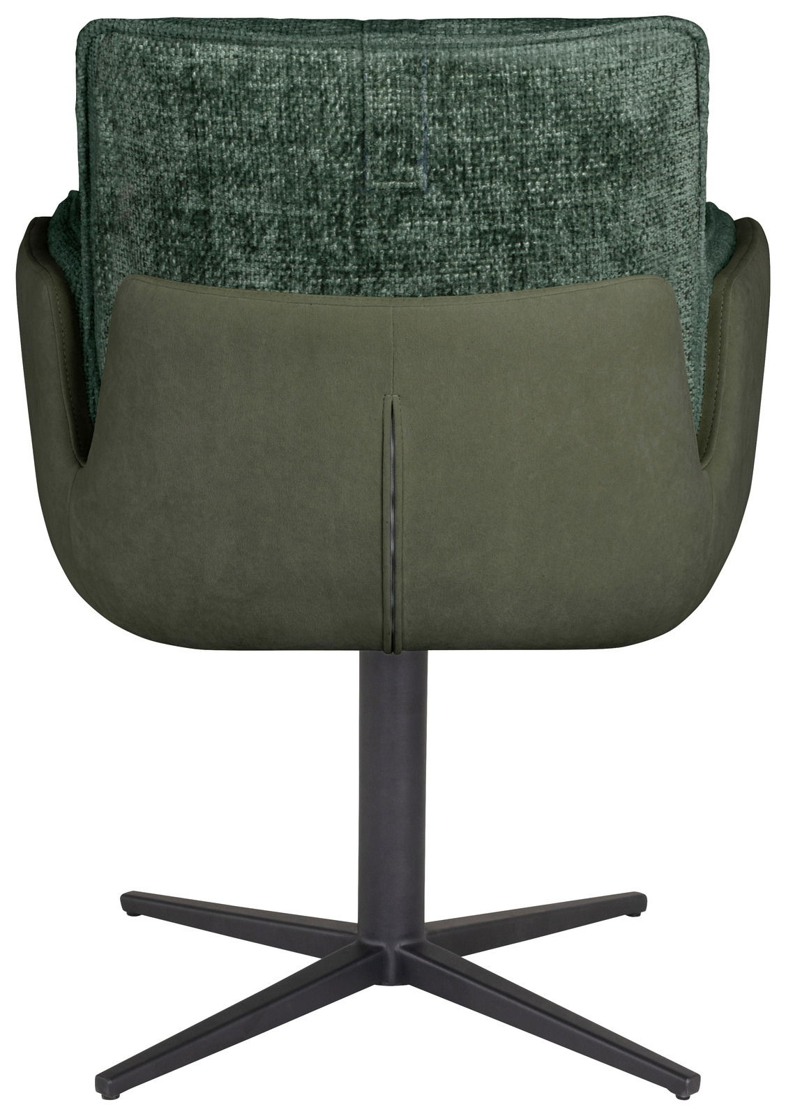 Rückansicht eines grünen Armlehnstuhls mit drehbarem Metallfuß
