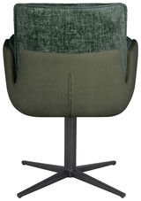 Rückansicht eines grünen Armlehnstuhls mit drehbarem Metallfuß