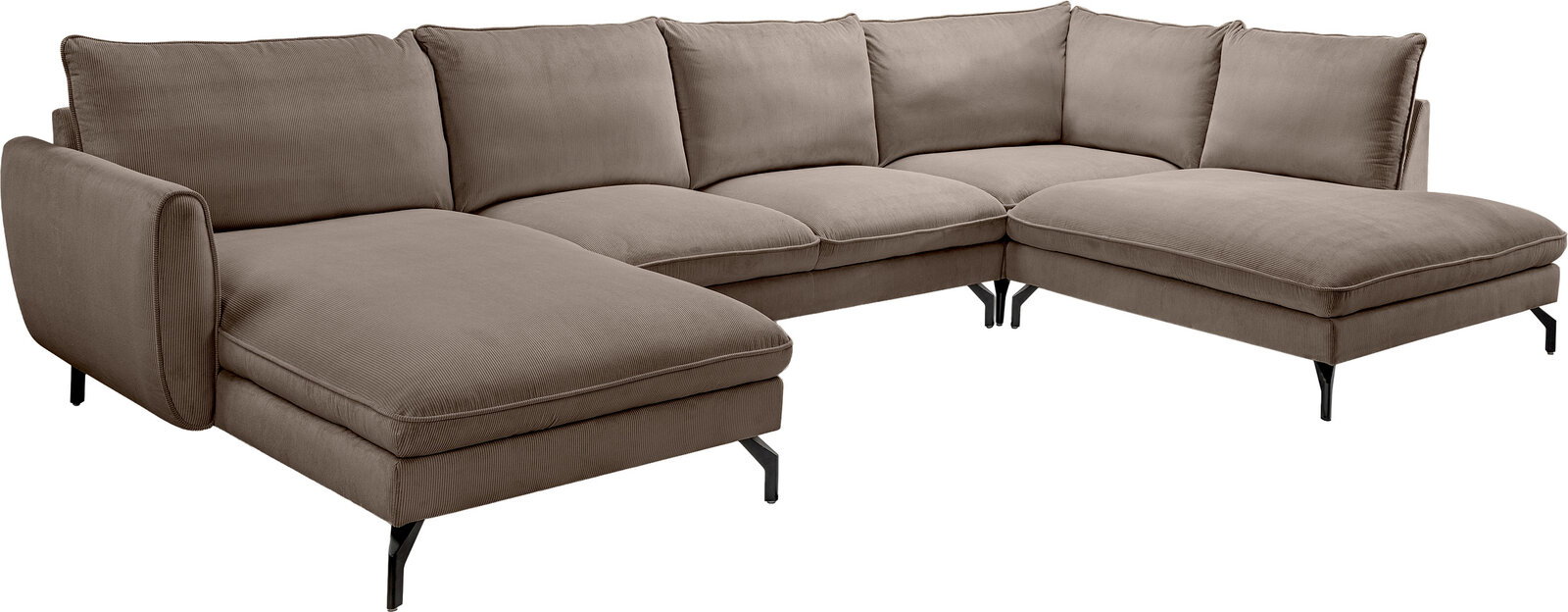 Großes U-förmiges Ecksofa in Taupe mit Cordbezug, breiten Sitzflächen und schwarzen Metallfüßen, freigestellt in schräger Vorderansicht von links
