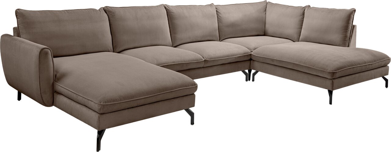MID.YOU Wohnlandschaft TOTONTO Großes U-förmiges Ecksofa in Taupe mit Cordbezug, breiten Sitzflächen und schwarzen Metallfüßen, freigestellt in schräger Vorderansicht von links
