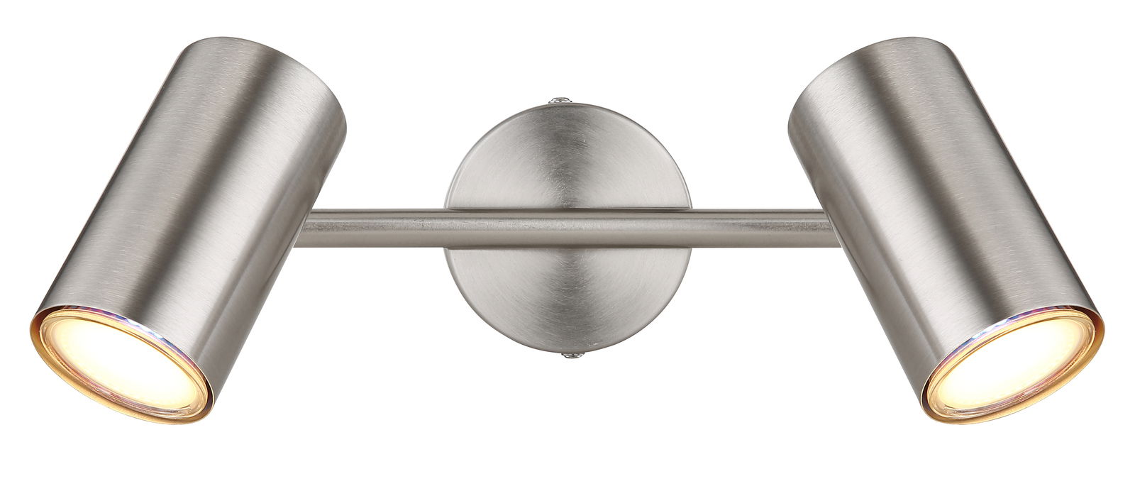 Moderner doppelter Strahler aus gebürstetem Metall, frontal abgebildet.