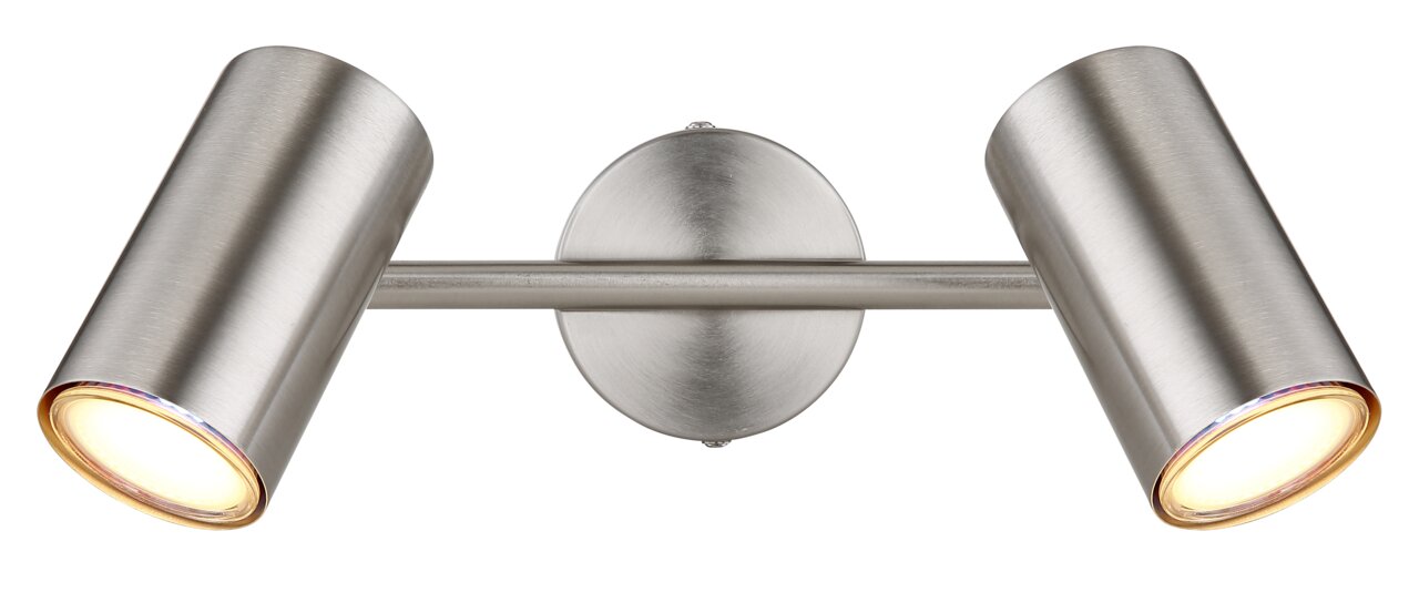 Moderner doppelter Strahler aus gebürstetem Metall, frontal abgebildet.