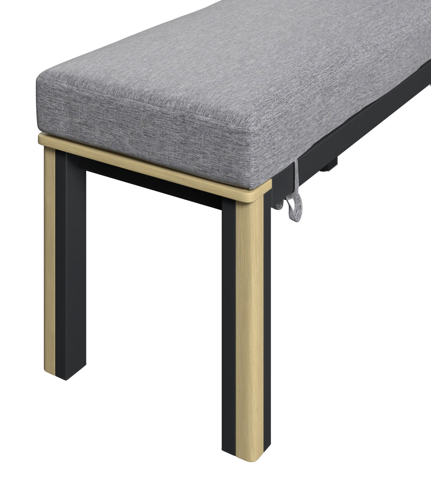 Detailansicht einer modernen Bank mit grauem Polster und Holzbeinen, seitliche Perspektive.