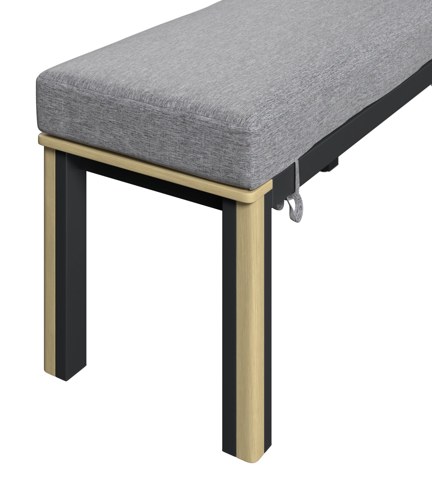 Detailansicht einer modernen Bank mit grauem Polster und Holzbeinen, seitliche Perspektive.