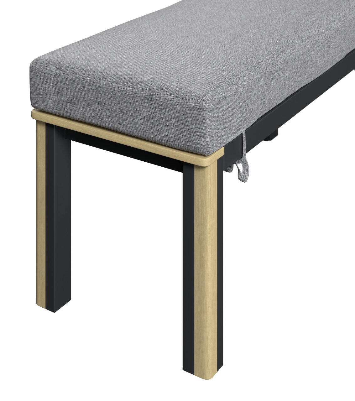 Detailansicht einer modernen Bank mit grauem Polster und Holzbeinen, seitliche Perspektive.