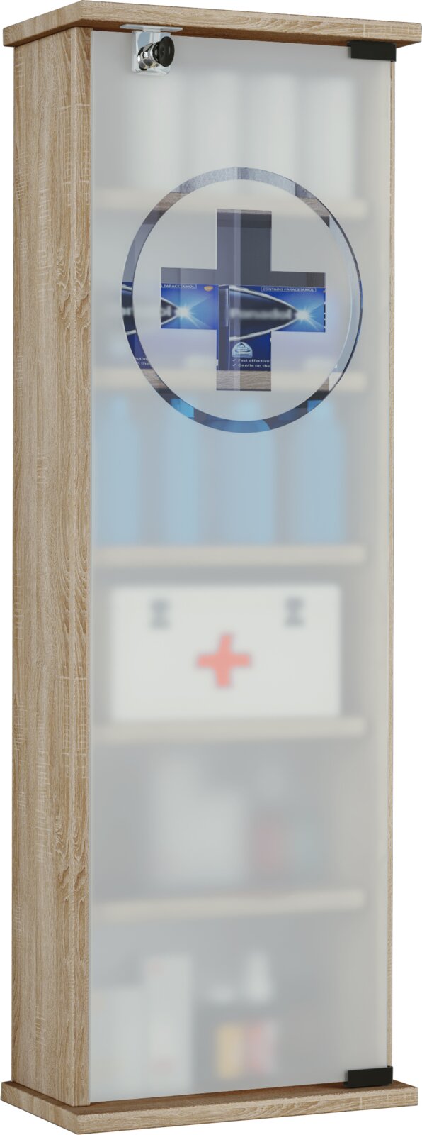 Wandmontierter Medizinschrank aus Holzoptik mit matter Glastür und Apothekenkreuz-Motiv, frontale Ansicht