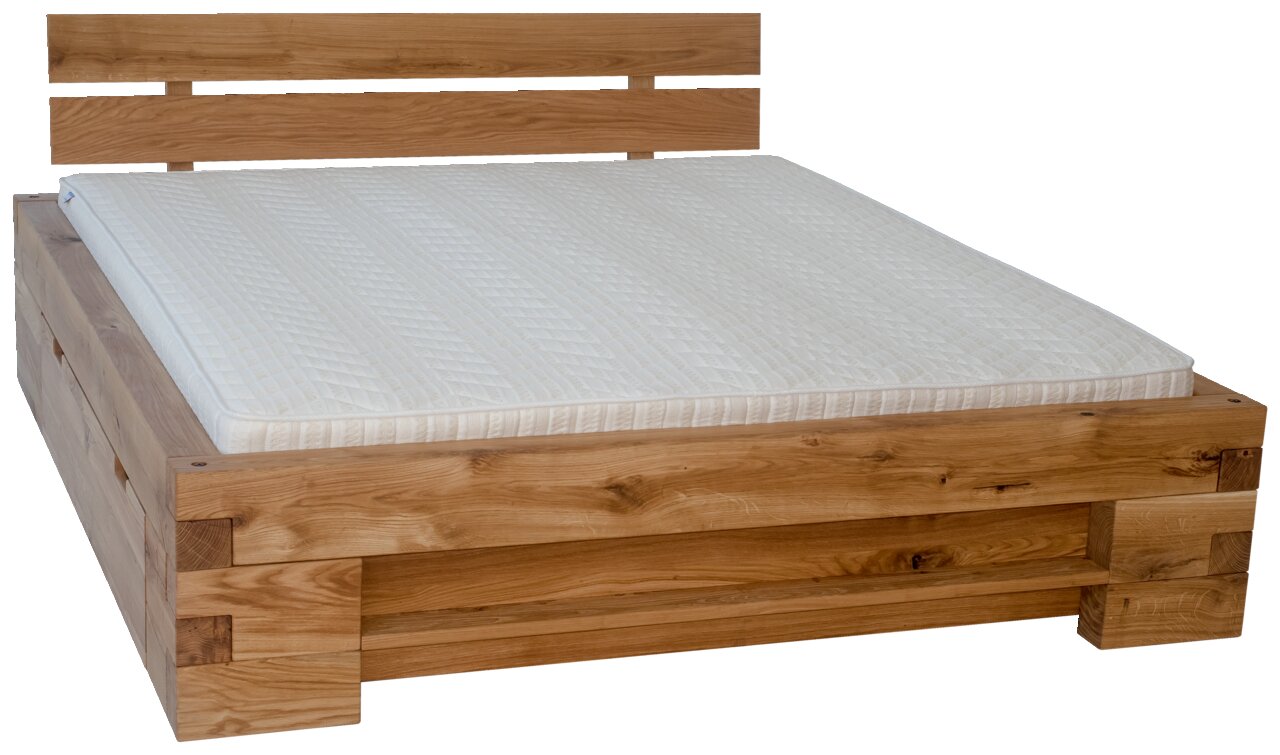 Houten balkenbed met hoofdeinde, zijaanzicht, natuurlijke houtnerf, wit matras