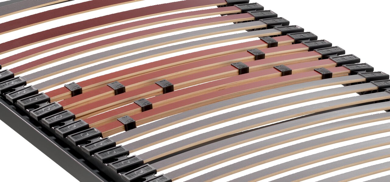 Nahaufnahme eines Federholzrahmens mit verstellbaren Leisten in verschiedenen Farben, seitliche Perspektive