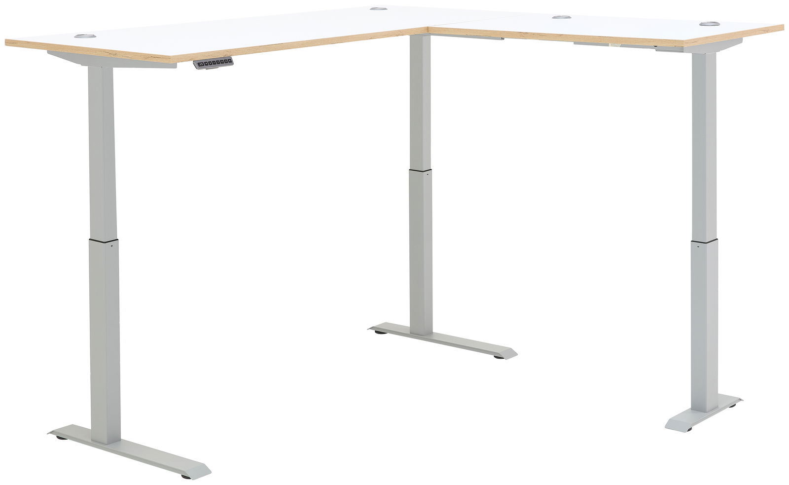 Moderner höhenverstellbarer E-Eckschreibtisch mit weißer Tischplatte und grauem Gestell, seitliche Perspektive
