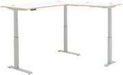 Moderner höhenverstellbarer E-Eckschreibtisch mit weißer Tischplatte und grauem Gestell, seitliche Perspektive