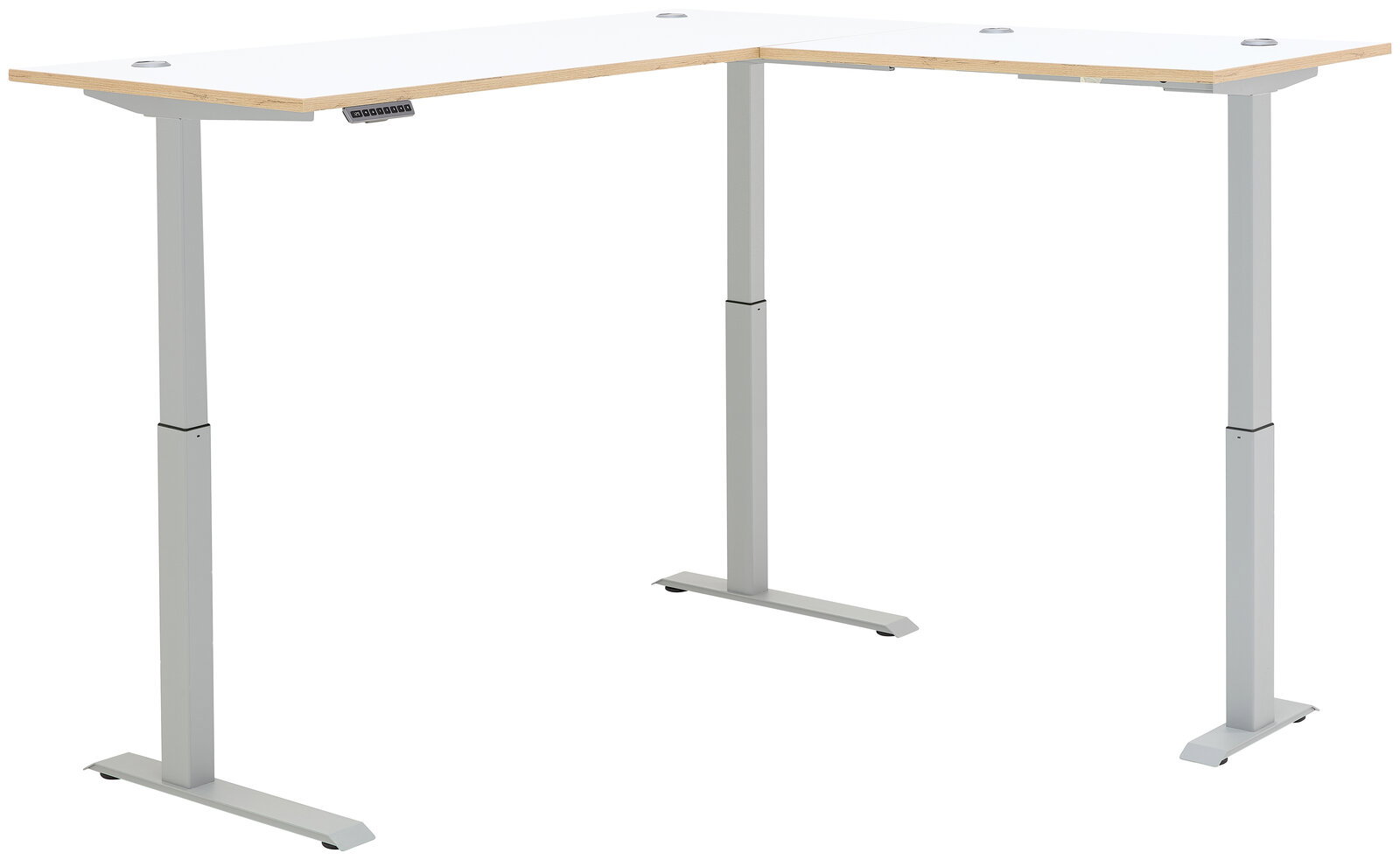 Moderner höhenverstellbarer E-Eckschreibtisch mit weißer Tischplatte und grauem Gestell, seitliche Perspektive