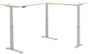 Moderner höhenverstellbarer E-Eckschreibtisch mit weißer Tischplatte und grauem Gestell, seitliche Perspektive