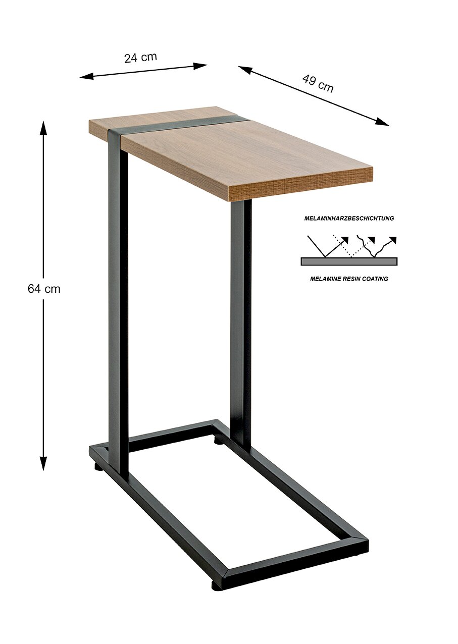 Schmaler Beistelltisch/Laptoptisch in C-Form mit schwarzem Metallgestell und Holzoptik-Platte (melaminharzbeschichtet), Maße ca. 64 x 49 x 24 cm, freigestellt in leicht schräger Frontansicht von oben.