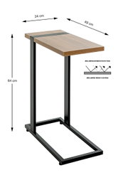 Schmaler Beistelltisch/Laptoptisch in C-Form mit schwarzem Metallgestell und Holzoptik-Platte (melaminharzbeschichtet), Maße ca. 64 x 49 x 24 cm, freigestellt in leicht schräger Frontansicht von oben.