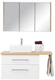 Moderne Badkombination mit Spiegelschrank und Waschbeckenunterschrank, frontal abgebildet. Enthält ein rechteckiges Waschbecken, zwei Schubladen und seitlichen Handtuchhalter.