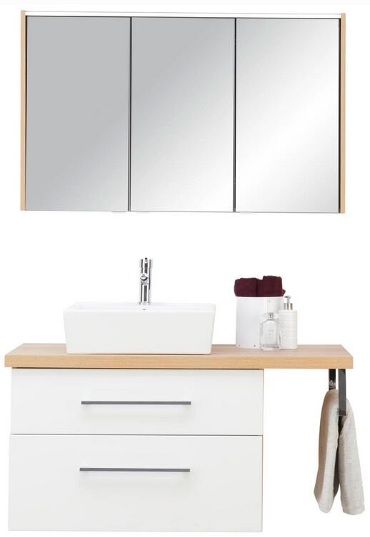Moderne Badkombination mit Spiegelschrank und Waschbeckenunterschrank, frontal abgebildet. Enthält ein rechteckiges Waschbecken, zwei Schubladen und seitlichen Handtuchhalter.