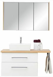 Moderne Badkombination mit Spiegelschrank und Waschbeckenunterschrank, frontal abgebildet. Enthält ein rechteckiges Waschbecken, zwei Schubladen und seitlichen Handtuchhalter.