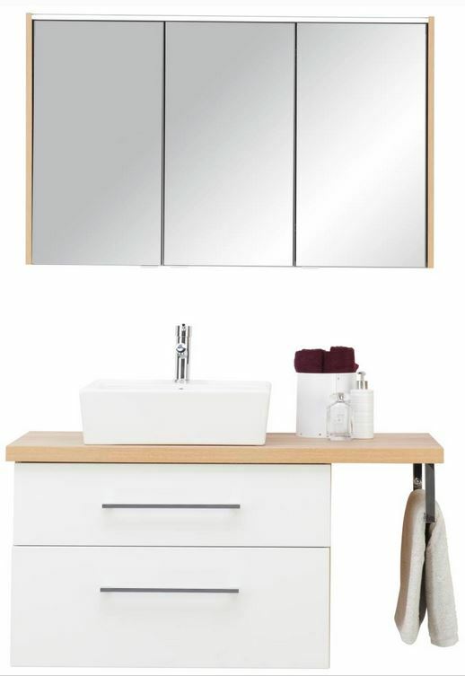 Moderne Badkombination mit Spiegelschrank und Waschbeckenunterschrank, frontal abgebildet. Enthält ein rechteckiges Waschbecken, zwei Schubladen und seitlichen Handtuchhalter.