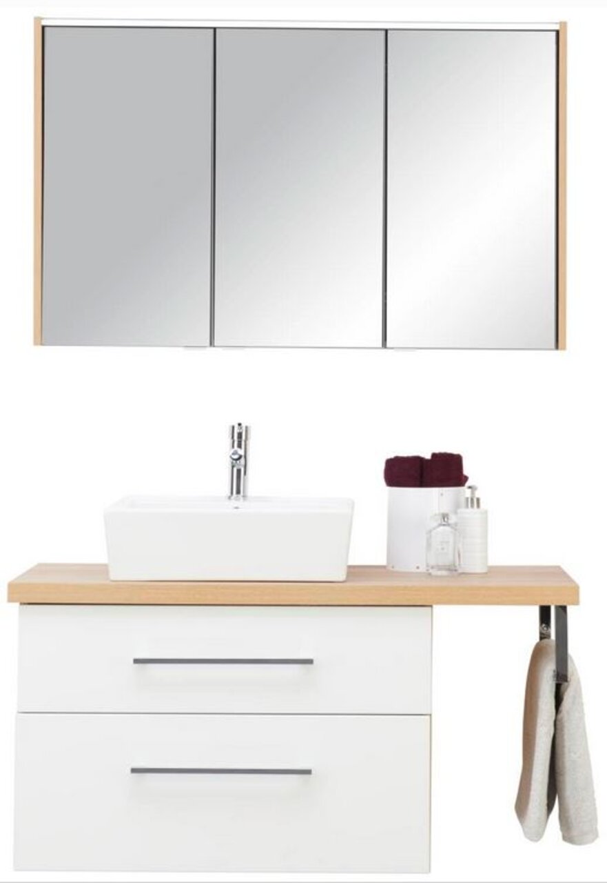 Moderne Badkombination mit Spiegelschrank und Waschbeckenunterschrank, frontal abgebildet. Enthält ein rechteckiges Waschbecken, zwei Schubladen und seitlichen Handtuchhalter.