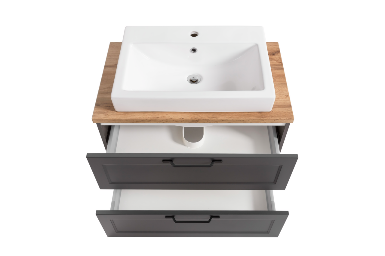 Waschtisch-Set mit weißem Waschbecken auf Holzplatte und zwei offenen Schubladen, Ansicht von oben