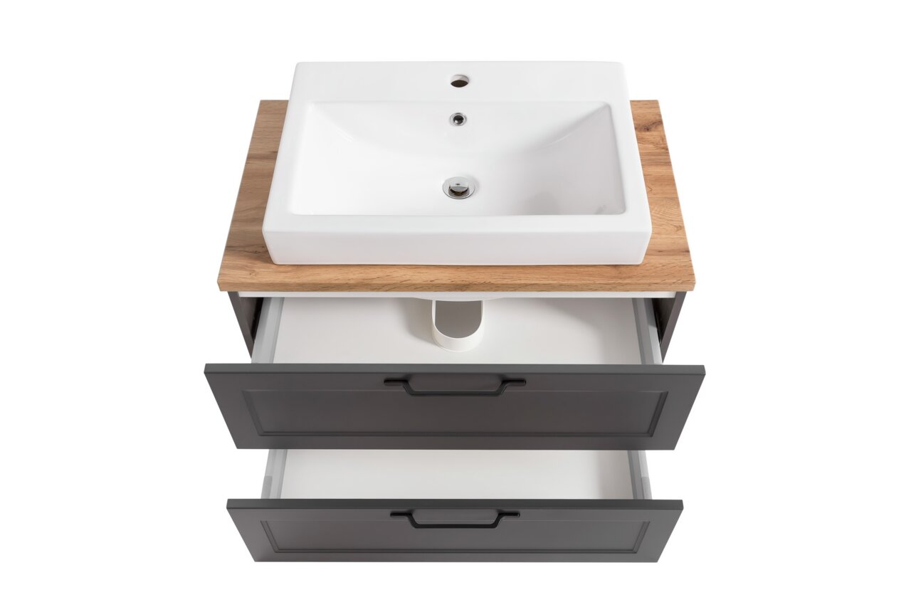 Waschtisch-Set mit weißem Waschbecken auf Holzplatte und zwei offenen Schubladen, Ansicht von oben
